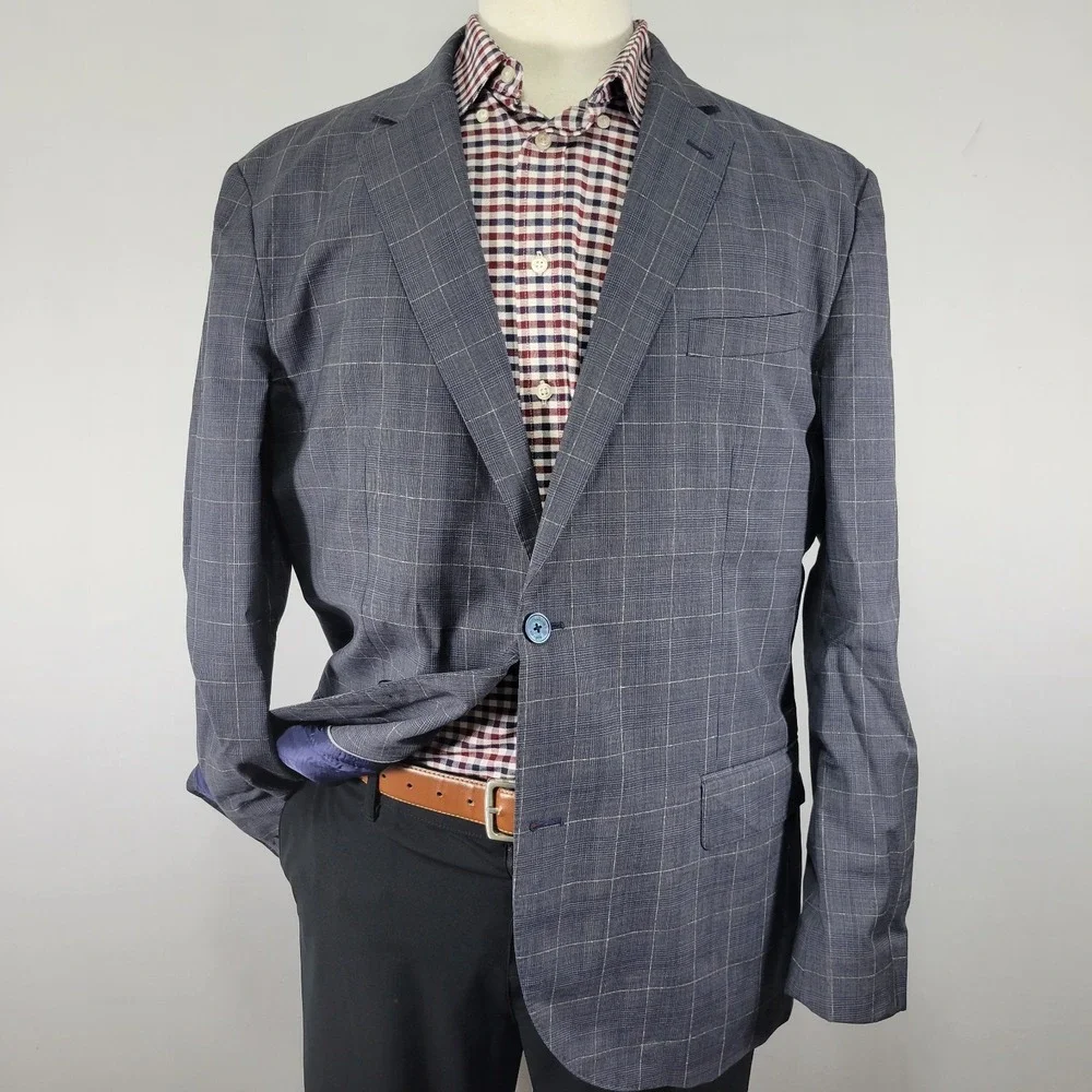 Sacoor Brothers Mens Sport Coat Blazer Two Button Natural Stretch Plaid Wool 48R